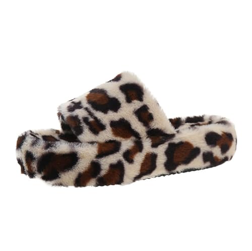 Women's Leopard Print Platform Slippers - Fuzzy Plush Fleece Cross Strap Open Toe House Shoes, Chic Comfort Indoor Outdoor