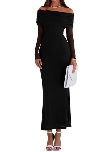 PRETTYGARDEN Fall Dresses for Women 2025 Elegant Off The Shoulder Long Sleeve Formal Wedding Guest Bodycon Maxi Dress