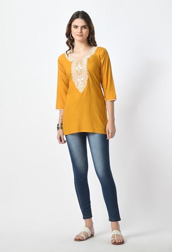 Image of LIBOZA Short Kurti for Women - Lakhnowi Chikankari Embroidered Ladies Kurta, Stylish Girls Top, Ethnic Half Kurtas, Tunic Design Woman Kurtis