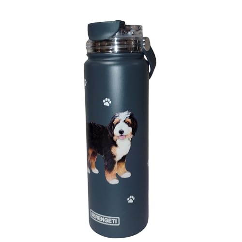 E&S Pets SERENGETI 24 Oz Water Bottle Stainless Steel with Spill Proof Lid - Double walled Vacuum Insulated water flask - Realistic 3D Print of your favorite dog (Bernedoodle)