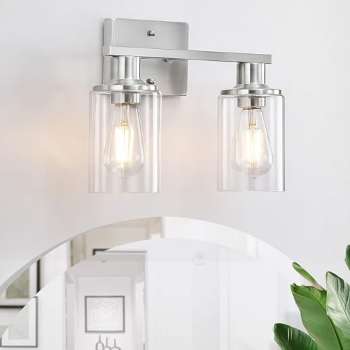 Image of Brushed Nickel Bathroom Light Fixtures Over Mirror,2-Light Bathroom Vanity Light with Clear Glass Shade,Modern Farmhouse Wall Sconces Lighting for Mirror Kitchen Living Room Cabinet