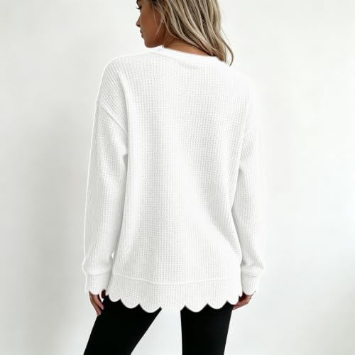 Womens Scalloped Top Waffle Knit Top Long Sleeve Crewneck Pullover Blouse - image 2