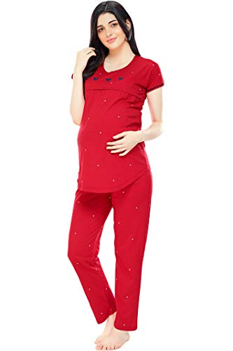 Image of ZEYO Women's Cotton Dot Printed Maternity & Feeding Night Suit Set of Top & Relaxed Pyjama Nursing Night Dress 5330 (Available in Plus Size)