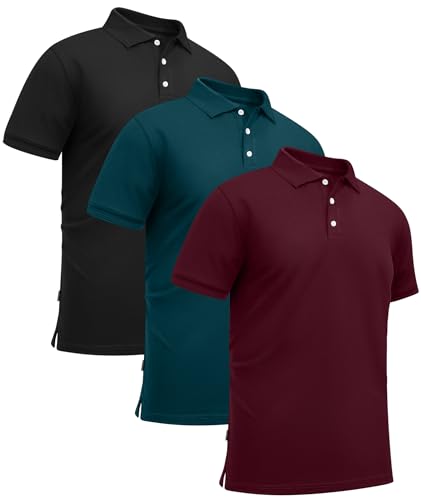 GEEK LIGHTING 3 Pack Mens Polo Shirts Short Sleeve Moisture Wicking Performance Golf Shirt for Men Daily Casual Athletic T-Shirts Black Duckblue WineRed L
