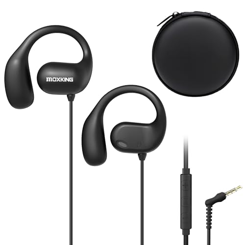 MOXKING Auriculares Abiertos con Cable con Control de Volumen de micrófono y Llamadas con Controles en línea, Conector de 3.5 mm y Gancho Envolvente sobre la Oreja