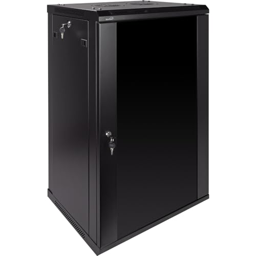 Image of NavePoint 18U Server Rack Enclosure - 17.7 inch Deep, Wall Mount Network Cabinet with Locking Glass Door for 19 inch IT Equipment, Network Rack with 2 Fans, Removable Side Panels, Black