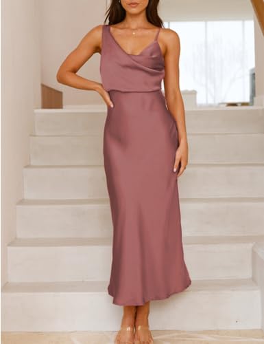 Image of Summer Satin Cowl Neck Midi Dress for Women 2026 Elegant Formal Silk Spaghetti Strap Backless Wedding Guest Dresses