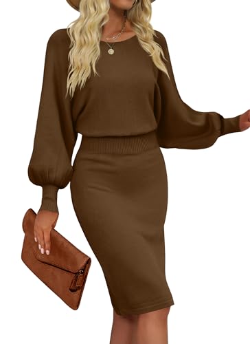 MIROL Women's Casual 2025 Long Puff Sleeve Solid Bodycon Midi Dress Ribbed Knit Oversized Pullover Sweater Dress