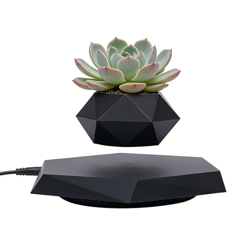 Ncescmal Magnetic Levitating Rotating Planter Pot - Floating Hexagon Flower Pot for Air Plants Succulents Bonsai | Modern Home Office Desk Decor Soil-Free Hydroponic Planter in Black