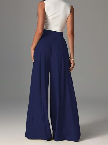 Image of Shasmi Women's Elegant High Waist Wide Leg Pants - Textured Solid Color Loose Fit Long Trousers | Casual Beach & Airport Outfit | Lightweight Flowy Palazzo Style (Trouser 259)