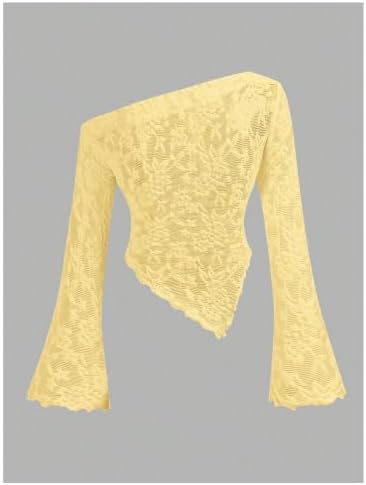 OYOANGLE Girl's Floral Lace Sheer Off the Shoulder Tops Long Bell Sleeve Ruched Asymmetrical Tshirts Yellow 9Y - 3
