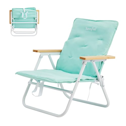 SUNNYFEEL Silla de Playa Plegable con Reposabrazos de Madera y Cojín, Silla Ligera para Camping, Jardín y Exterior, Verde Menta