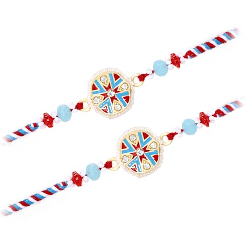Image of Peora Rakhshabandhan Thread Rakhi for Brother Bhaiya | Kundan Beads & Crystal Studded | Combo Set of 2 | Rakhi Hamper Roli Chawal & Greeting Card