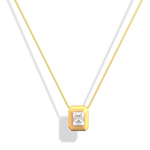 18K Gold Plated Stainless Steel Rectangle Pendant Necklace for Women, Dainty Bar Cubic Zirconia Charm with Adjustable Snake Chain, Non Tarnish Modern Stackable Jewelry for Her (White Gold, Rectangle)