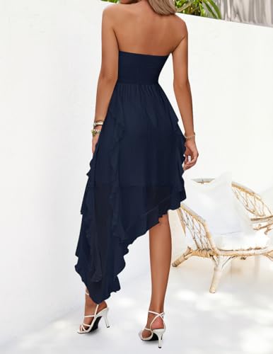 ZESICA Women's 2025 Summer Strapless Mini Dress Off Shoulder Smocked Tiered Irregular Irregular Ruffle Beach Tube Sundress3