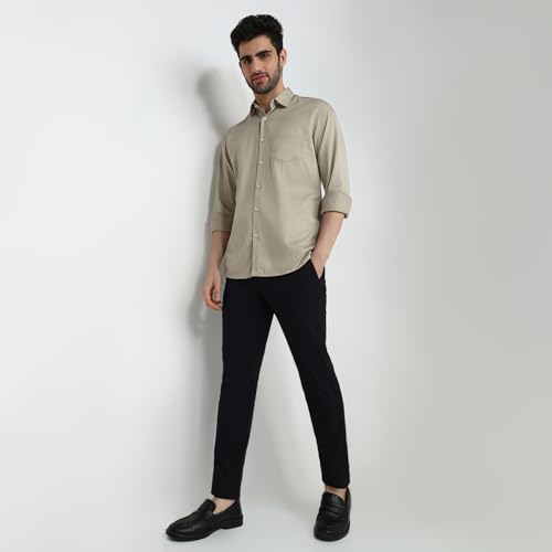 Image of Raymond Men Slim Fit Solid Pattern Cotton Elastane Blend Flat Front Casual Trouser