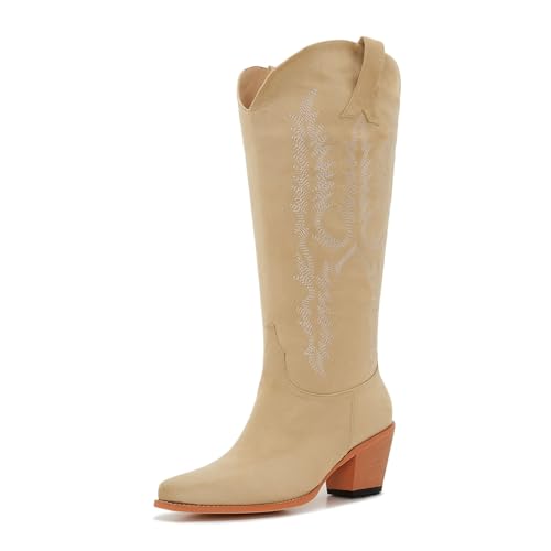 ZXHYZLZ Cowboy Boots For Women Wide Calf Knee High Tall Western Style Comfortable Ladies Plus Size Cowgirl Boots Chunky Heel