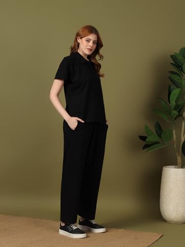 Image of Kvetoo Women Solid Tracksuit Set Cotton Lounge Wear Set Half Sleeve Polo T-Shirt & Straight Pant Casual Travel Outfit