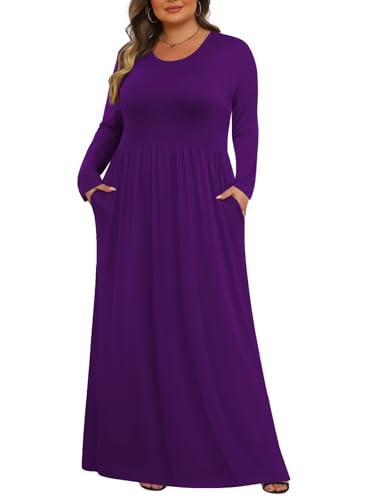 Womens Plus Size Maxi Dresses Long Sleeve with Pockets Casual Long Dress Dark Purple 5X
