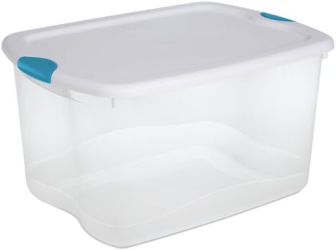 Sterilite 18888004 66 Quart/62 Liter Latch Box, See-through Base with White Lid and Blue Aquarium Latches, 4-Pack