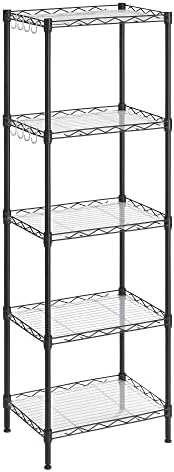 SONGMICS Kitchen Shelf, 5-Tier Wire Shelving Unit, Narrow Storage Rack with 4 Hooks, Bathroom Shelf with PP Shelf Liners, Height-Adjustable, Metal Shelves, for Bathroom, Kitchen, Black LGR115B01