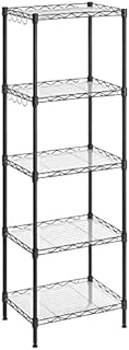 SONGMICS Kitchen Shelf, 5-Tier Wire Shelving Unit, Narrow Storage Rack with 4 Hooks, Bathroom Shelf with PP Shelf Liners, Height-Adjustable, Metal Shelves, for Bathroom, Kitchen, Black LGR115B01