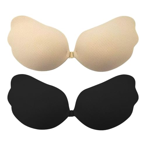 SailbSalab Adhesive Bra Sticky Push up Strapless Invisible Stick on Womens Bras for Backless Dresses Wedding Party (UK Cup & Band C Beige+Black)