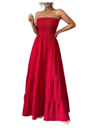 SHENHE Womens Strapless Tube Top Maxi Dress Smocked A Line Tiered Ruffle Flowy Party Dress Red Medium