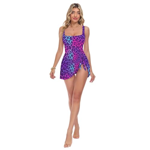 Maillot de bain léopard bleu et violet masquant les imperfections avec jupe