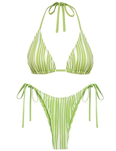 seamoly String Bikini High Cut Bathing Suit for Women Ribbed Textured Color Block Halter Striped Tie Side 2 piece Swimsuit Green S