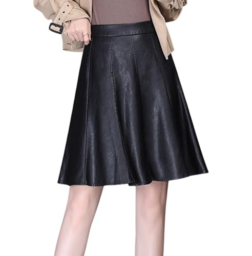 chouyatou Women's High Waisted Faux Leather Pleated Skirt A Line Knee Length Business Casual Midi Skirt