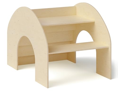 Bellabino 'Vily' 2in1 Kinderbücherregal und Schreibtisch, Montessori Regal für Kinder mit 4 Ablagefächern in Natur lackiert, Spielzeug Aufbewahrung mit Lernfläche aus Birke Sperrholz