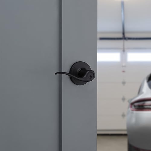 Image of Kwikset Tustin Entry Door Handle with Lock and Key, Secure Keyed Reversible Lever Exterior, For Front Entrance and Bedrooms, Matte Black, Pick Resistant Smartkey Rekey Security and Microban