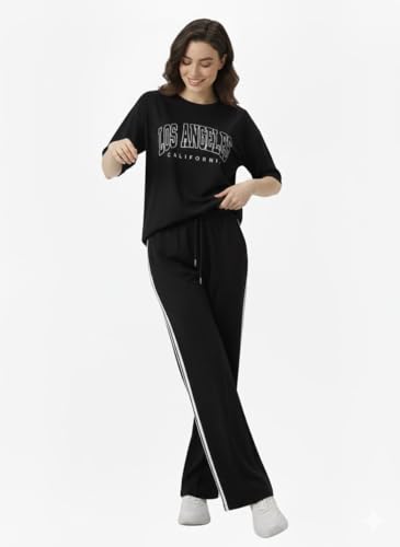 Image of EHA Women Co-ord Set for Girls | Stylish Two Piece Dress with Oversize Tshirt & High Waist Jogger|Trendy Cotton Blend Track Suit Set for Women | Casual /Travel & Lounge Wear Outfits