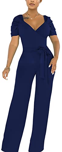 Image of PaladMom Womens Elegant Plus Size Jumpsuits Sexy Back zipper Short Sleeve Mid Waist Wide Leg Straight Rompers