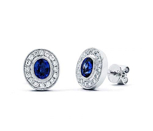 1.50 Ct Oval Cut Created Blue Sapphire Halo Milgrain Stud Earring 14k White Gold Plated 925 Sterling Silver