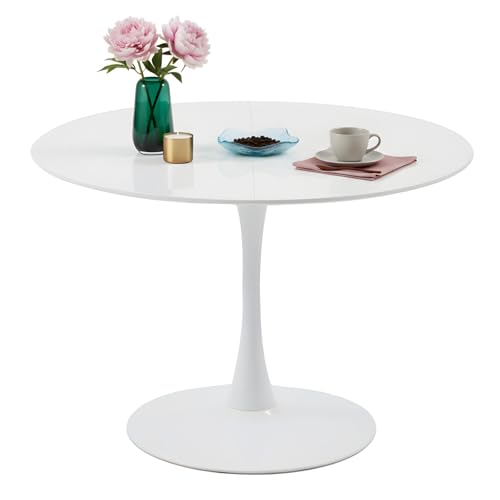 GOKHOMX Table a Manger Ronde Blanche 110 cm de Diametre pour 4 à 6 Personnes, Table Ronde de Salle à Manger Blanche Moderne avec Base en Métal pour Cuisine...