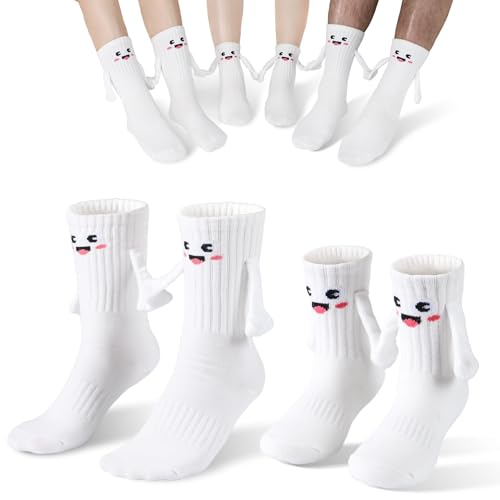 PRAOAHEI Magnetische Socken mit Händen Halten Hände Familiensocken mit Magnetarmen Lustige Geschenke Eltern-Kind für Kinder Mama Papa 2 Parr Weiß Erwachsene Einheitsgröße+Kinder Groß
