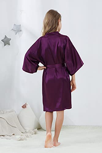 Alhavone Girl's Kid's Silky Satin Solid Color Short Kimono Robe For Wedding Birthday Party Spa (Purple, 8) #TOP3