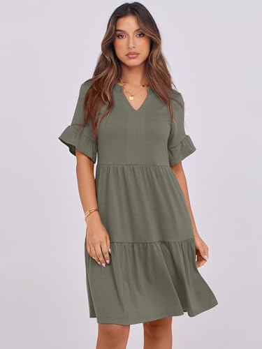 Image of ANRABESS Women's Summer Casual Dress, V-Neck Ruffle Sleeve Tiered Mini Dress, Soft Comfy Fabric with Pockets for All-Day Wear