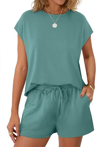 Image of WIHOLL Two Piece Sets for Women Summer Crew Neck Lounge Short Sets Cap Sleeve Drawstring Sweatsuit with Pocket