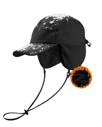 Zando Mens Winter Hat with Ear Flaps - Waterproof Fleece Lined Winter Hats, Adjustable Black Baseball Cap, Warm Trooper Trapper Hat for Outdoor Hunting Camping Hiking Cold Weather Daily Wear One Size