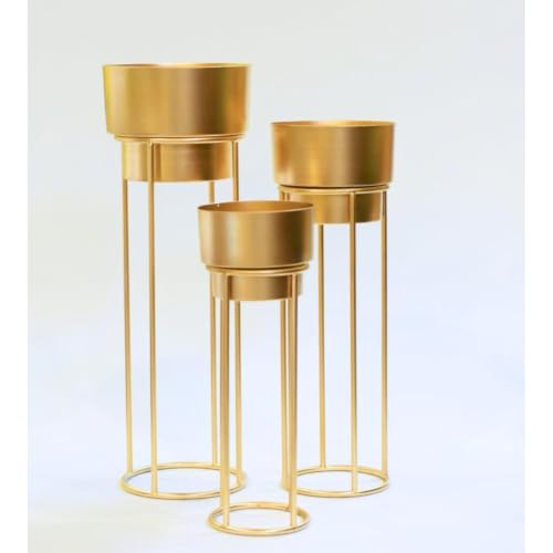 Image of ZM Handicrafts Metal Floor Planter Pot Stand with Gold Finish, Set of 3, Modern Style, for Living Room, Bedroom, Balcony, Office | Indoor /Outdoor Flower Pot Stand with Pots (Gold Pot)
