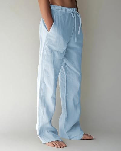Image of PIDOGYM Mens Cotton Linen Pants, Summer Beach Pants Casual Loose Fit with Elastic Waist Drawstring