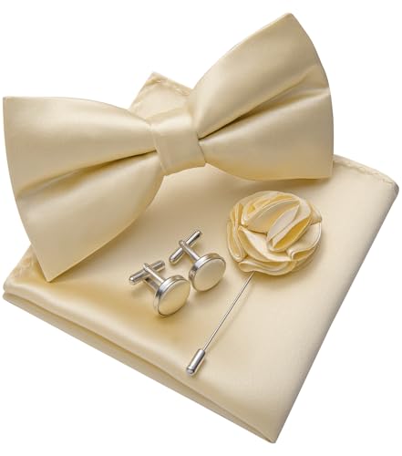 Image of Solid Color Bow Ties for Men Silk Pre-tied Tuxedo Bowtie Set 4PCS | Pre-tied in 3 seconds,adjustable 4PCS bow tie and pocket square cufflinks lapel pin set,wedding,formal,party,prom,graduation