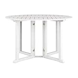 CorLiving Miramar White Washed Solid Wood Outdoor Round Drop Leaf Dining Table