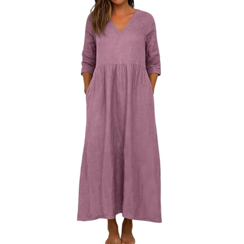 Neckholder Kleid Damen Lang Leinenkleid Damen Frühling und Herbst Kleid 3/4 Ärmel V Ausschnitt Langes Kleider Lose Solid Farbe Baumwolle Leinen...