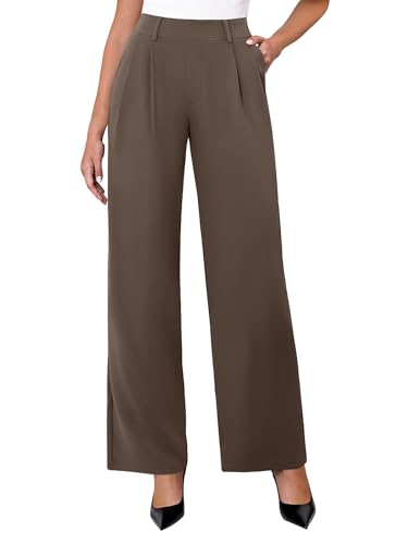 DLOODA Womens Wide Leg Dress Pants Stretchy High Waisted Work Pants Business Casual Office Trousers with Pockets (Brown L)