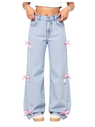 MakeMeChic Girl's Bowknot Jeans Elastic Waist Wide Leg Cute Y2k Denim Pants