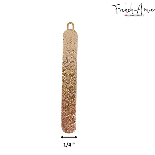 French Amie Rounded Oblong Golden Glitter Small 2 1/4” Celluloid Acetate Set Of 2 Side Slide In Hair Clip Barrettes With Tige Boule Clasp For Girls And Women, Made In France #TOP4